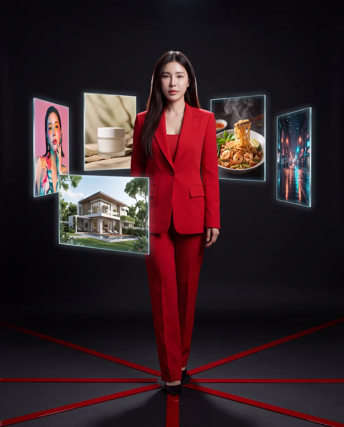 นางแบบ AI ในชุดสูทแดงยืนท่ามกลางแผ่นกระจกที่แสดงผลงาน AI หลายประเภท