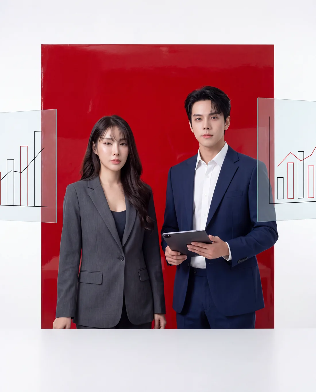 นางแบบ AI สองคนในชุดสูท ยืนหน้าผนังสีแดงพร้อมแผงกราฟโปร่งใส