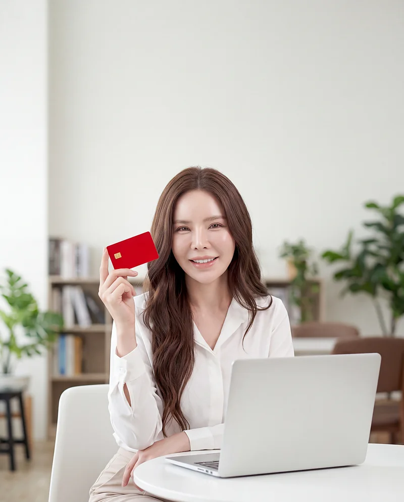 ผู้เรียนยิ้มชูบัตรเครดิตสีแดงข้างโน้ตบุ๊ก