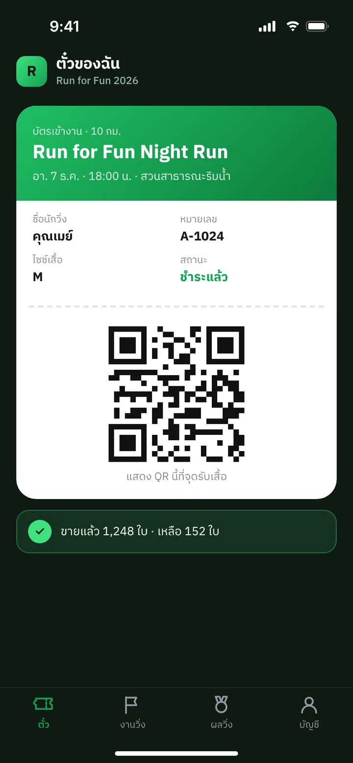 ภาพจำลองหน้าจอ: ขายบัตรงานอีเวนต์ พร้อมตั๋ว QR