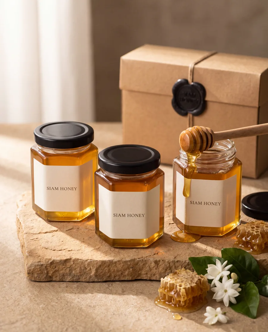 ผลงาน AI — แพ็กเกจจิ้งน้ำผึ้ง SIAM HONEY